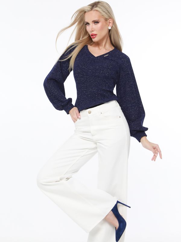 Dark blue sweater with puffed sleeves