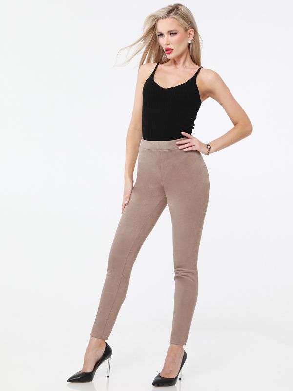 Beige Suede Tight Fitted Pants