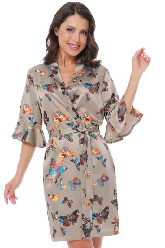 Satin robe with print and ruffles