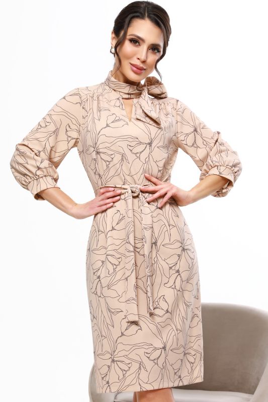 Three-quarter sleeve beige knitted dress with a bow