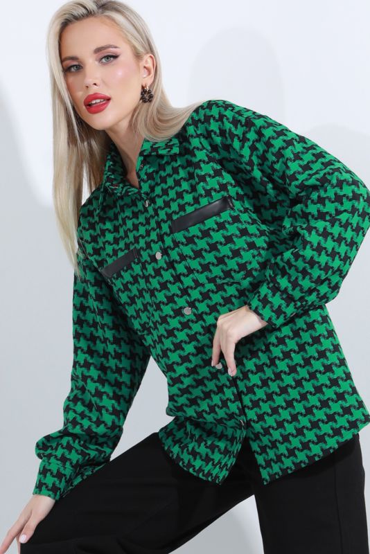 Shirt green with houndstooth print