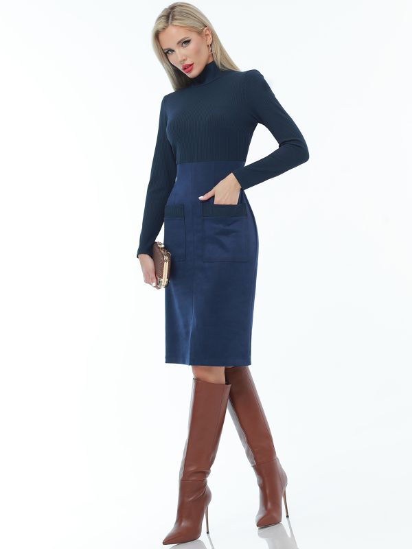 Dark blue knitted dress with patch pockets