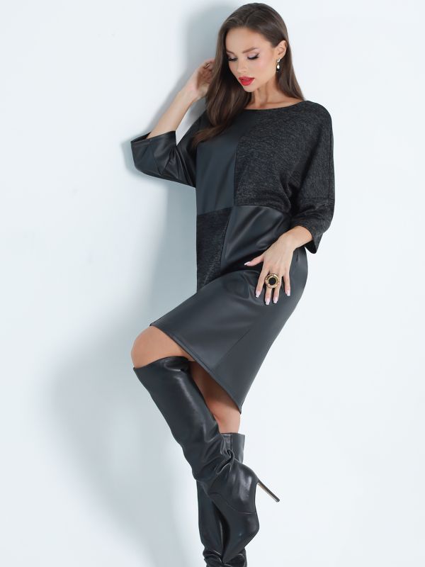 Black cocoon dress with eco-leather inserts