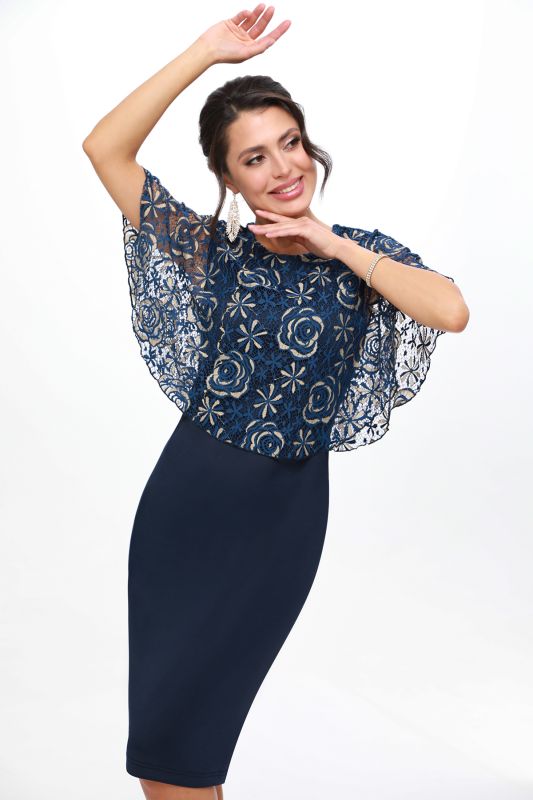 Dark blue cocktail dress with guipure pelerina