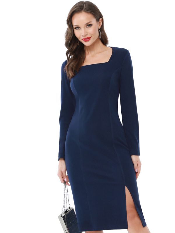 Dress navy blue with a karee neckline