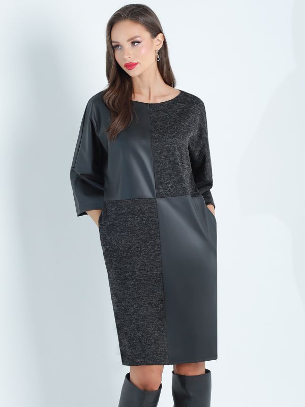 Black cocoon dress with eco-leather inserts