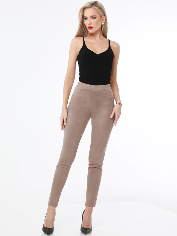 Beige Suede Tight Fitted Pants