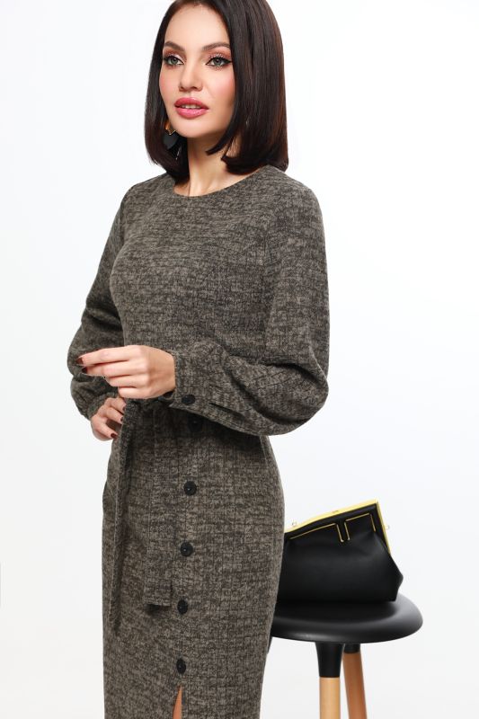 Khaki color knitted dress with belt