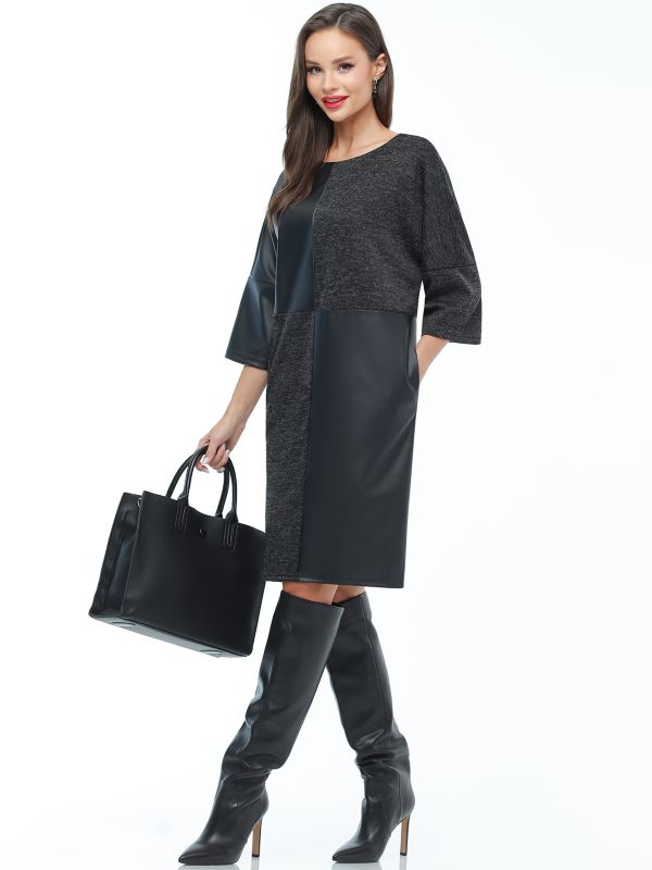 Black cocoon dress with eco-leather inserts