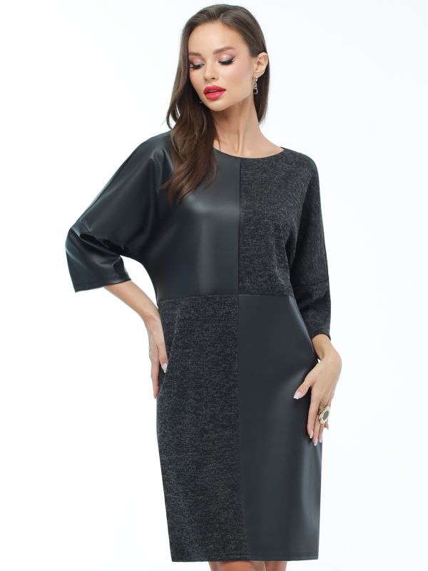 Black cocoon dress with eco-leather inserts