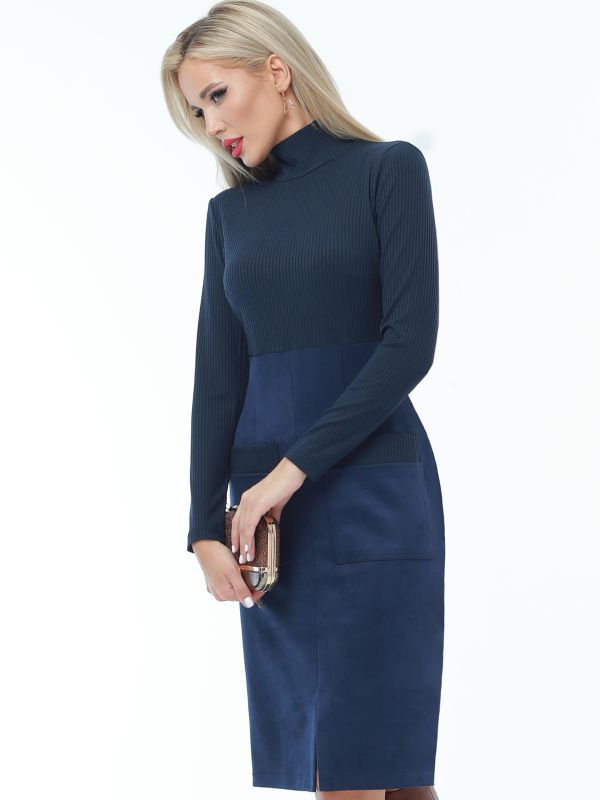 Dark blue knitted dress with patch pockets