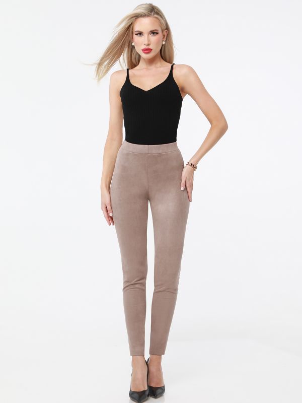 Beige Suede Tight Fitted Pants