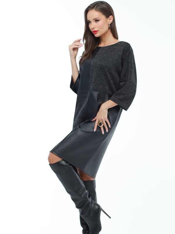 Black cocoon dress with eco-leather inserts