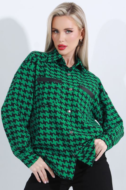 Shirt green with houndstooth print